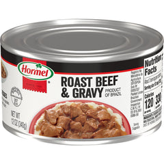 Hormel Roast Beef & Gravy 12-pack cans, convenient ready-to-heat protein.