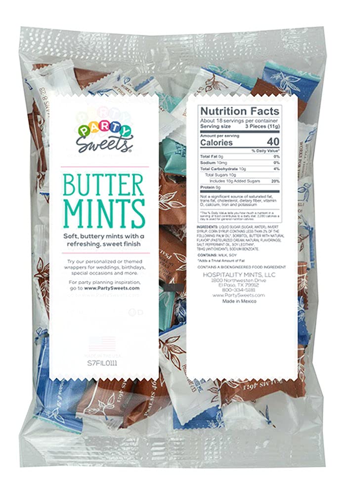 Hospitality Mints ingredients highlight triple peppermint oil and real butter.