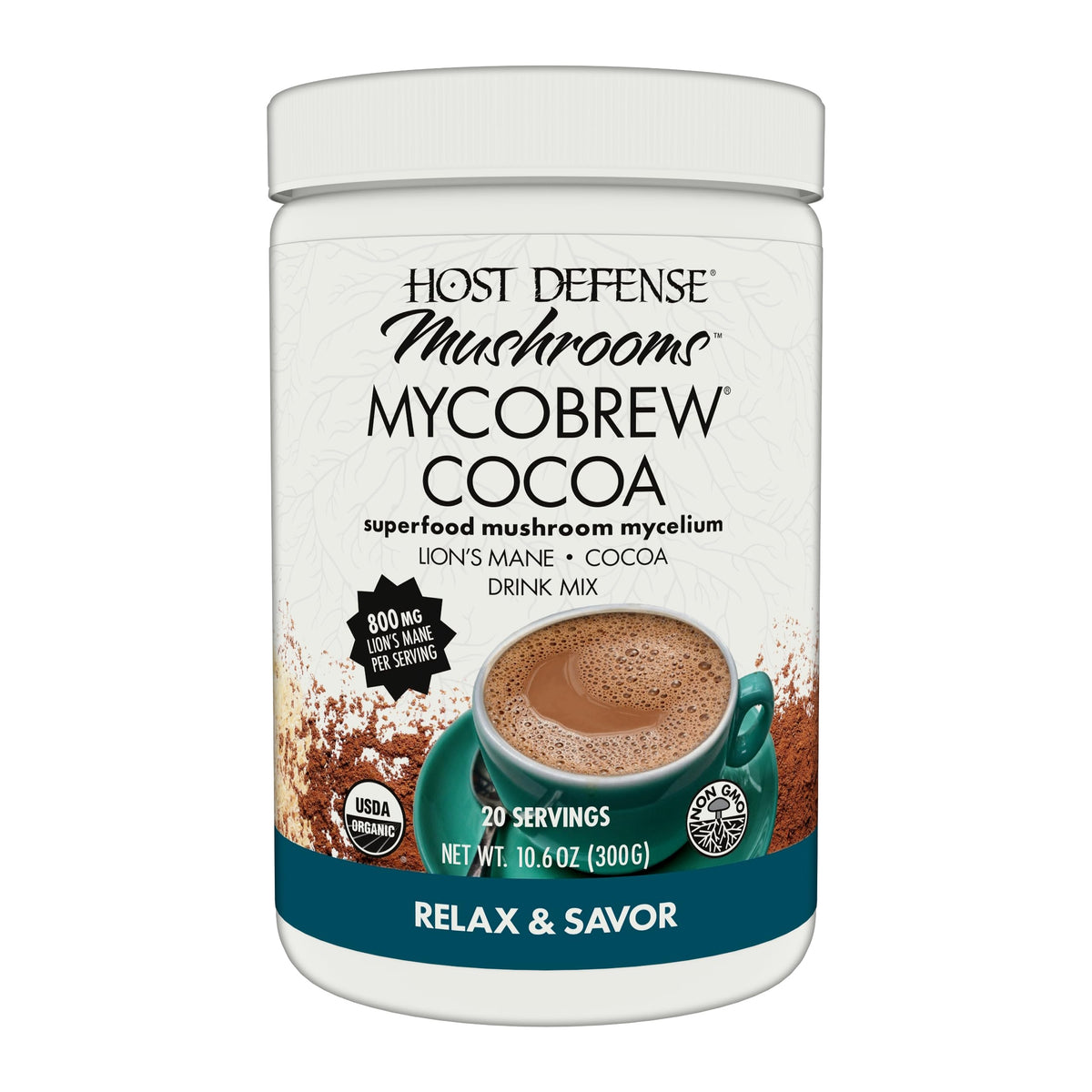 Host Defense MycoBrew Cocoa front label with organic, fair-trade certification