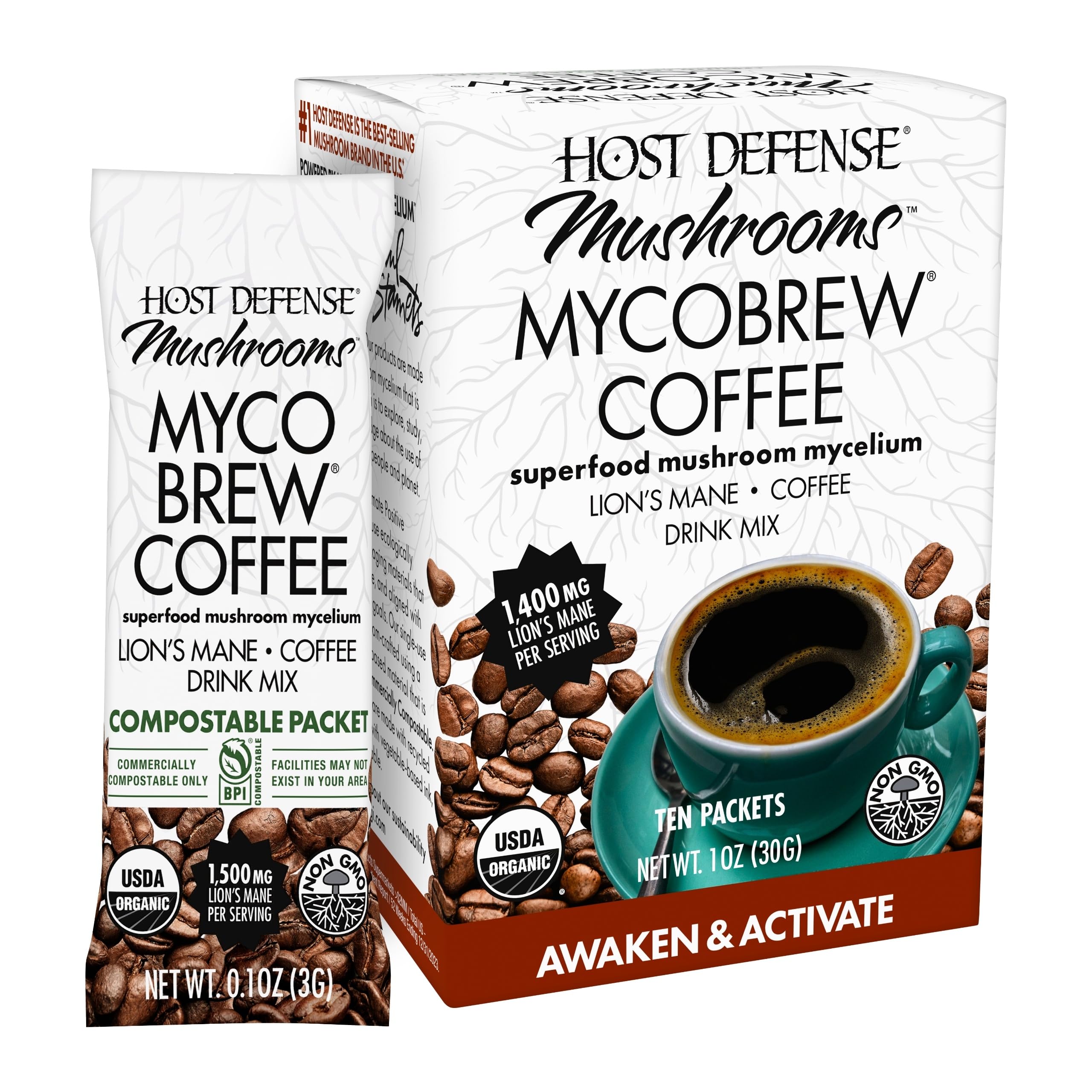 Host Defense MycoBrew Coffee packet closeup for quick, convenient caffeine.
