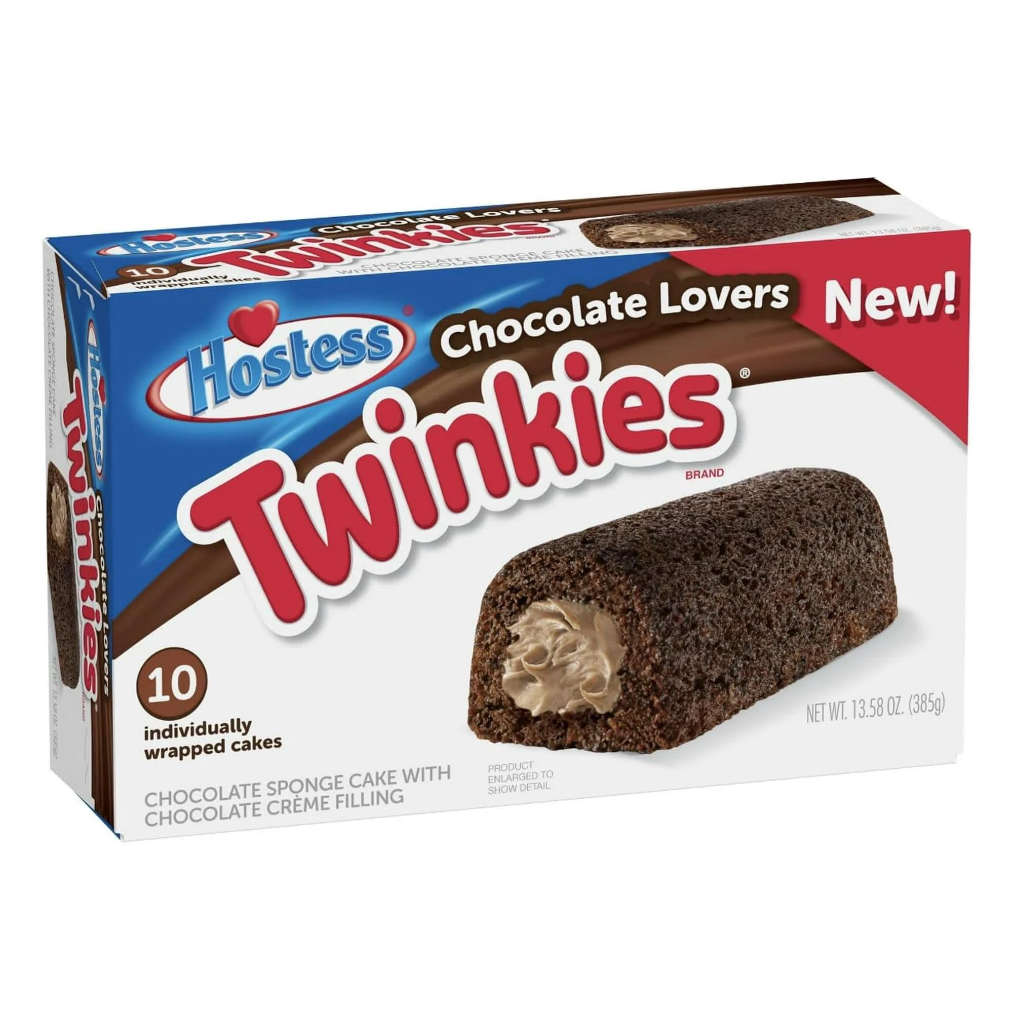 Hostess Chocolate Lovers Twinkies box with 10 individually wrapped cakes for easy snacking.
