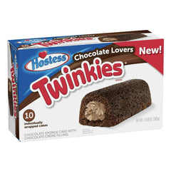 Hostess Chocolate Lovers Twinkies box with 10 individually wrapped cakes for easy snacking.