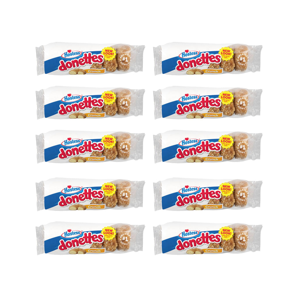 Hostess Crunch Donettes box front image highlights ready-to-snack coconut mini donuts.