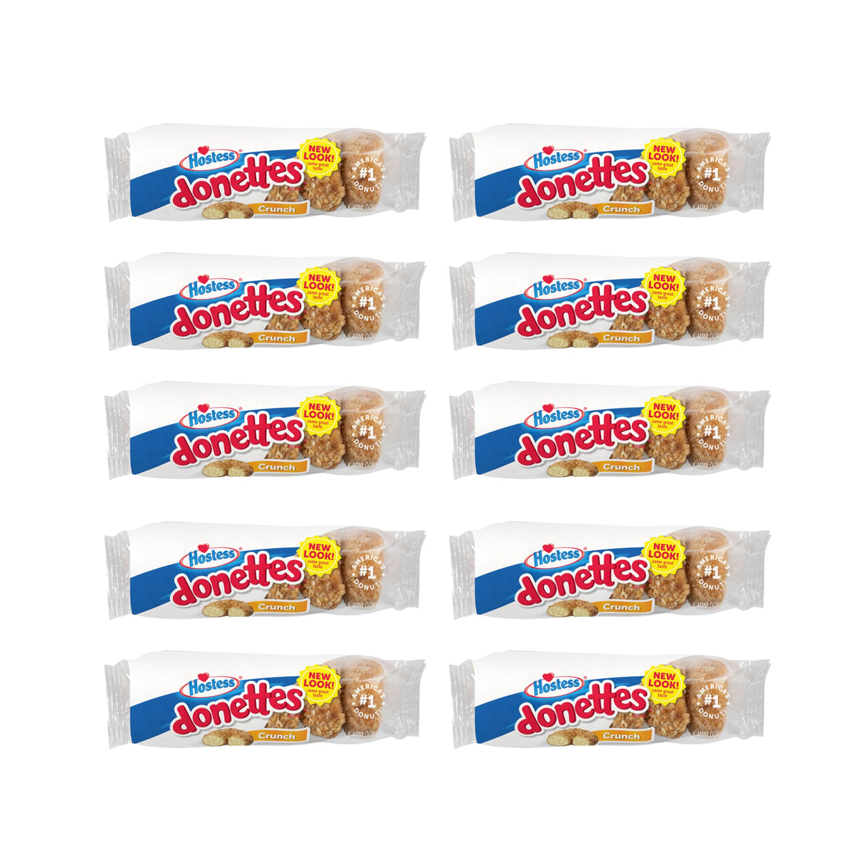 Hostess Crunch Donettes box front image highlights ready-to-snack coconut mini donuts.