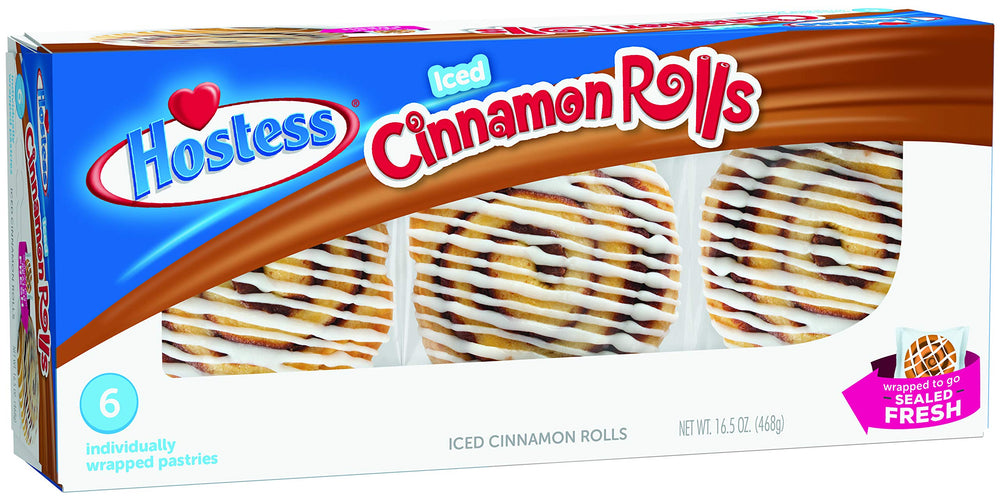 Hostess Danish Snack Cakes Iced Cinnamon Rolls hero: fluffy pastry with glossy icing, ideal for sharing