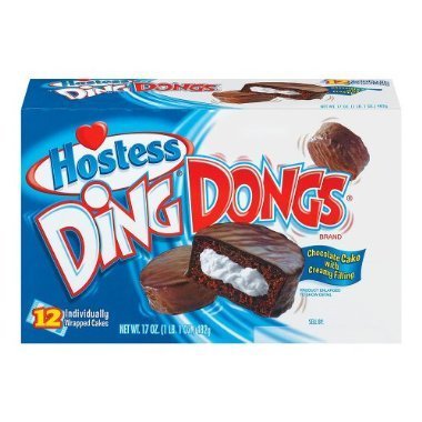 Hostess Ding Dongs cream filled chocolate cakes in a 12-pack box, a convenient snack option.