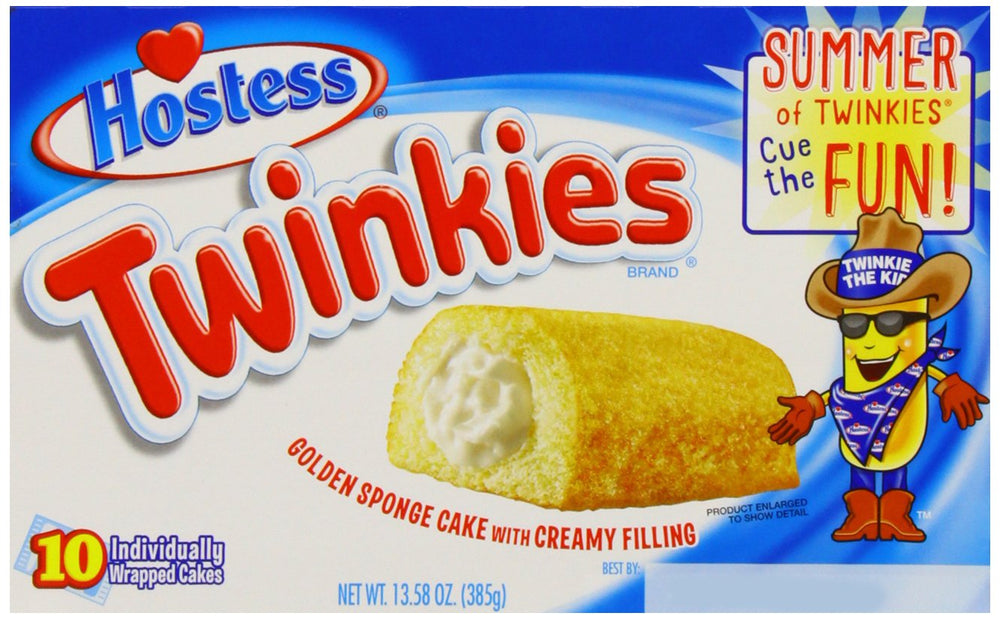 Hostess Twinkies box front view, ideal grab-and-go snack.