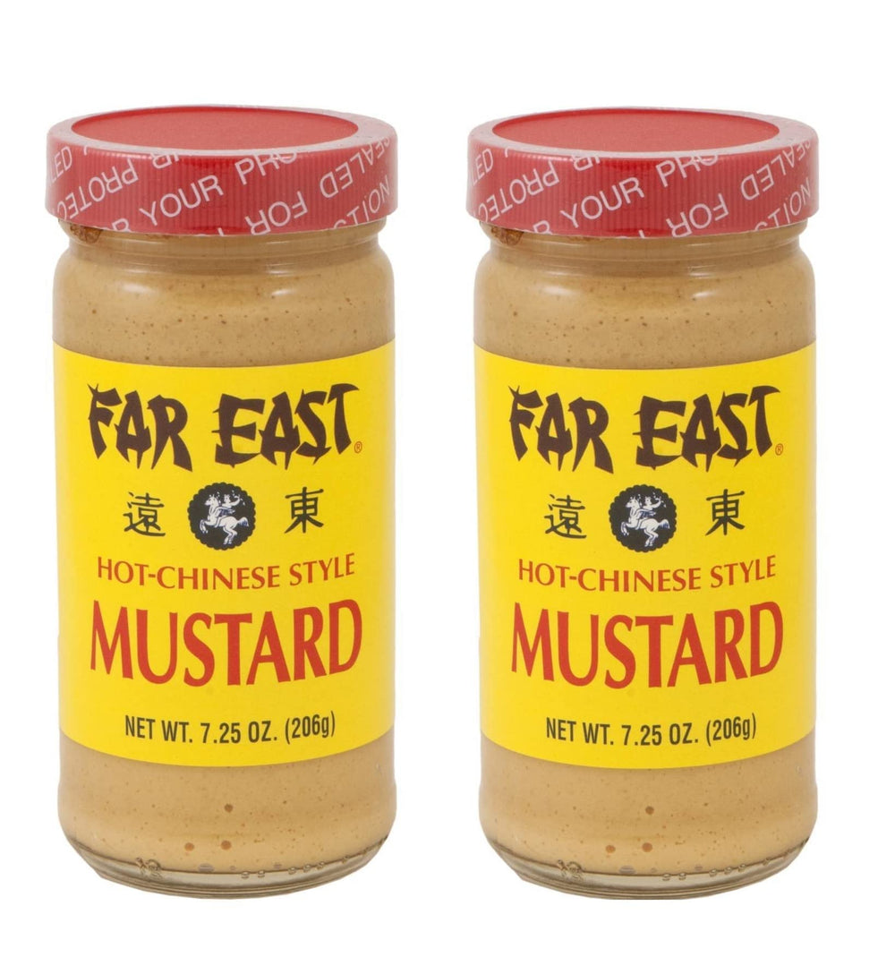 Hot Chinese Mustard two-pack glass jars with sealed lids for freshness.