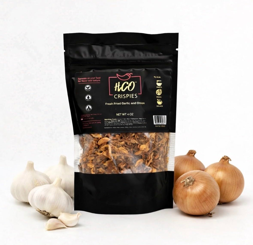 Hot Crispy Oil Crispies jar with fried garlic and onion flakes for rich aroma and texture.