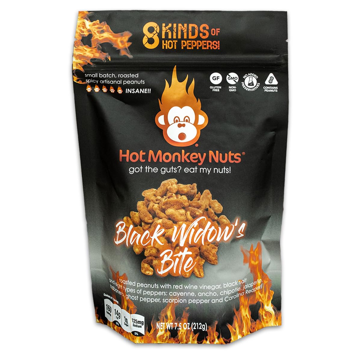 Hot Monkey Nuts Black Widow's Bite pouch, bold flavor for on-the-go snacking