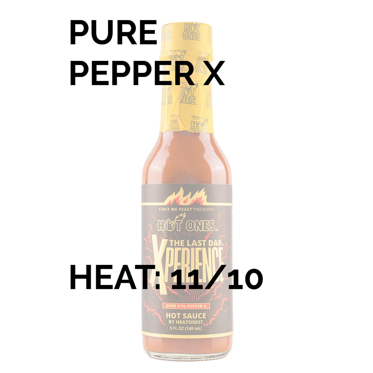 Hot Ones Last Dab Xperience bottle closeup emphasizes Pepper X floral profile.