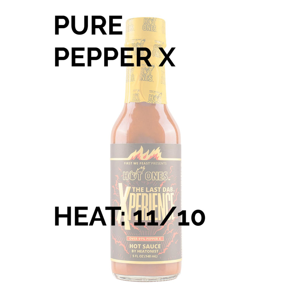 Hot Ones Last Dab Xperience bottle closeup emphasizes Pepper X floral profile.
