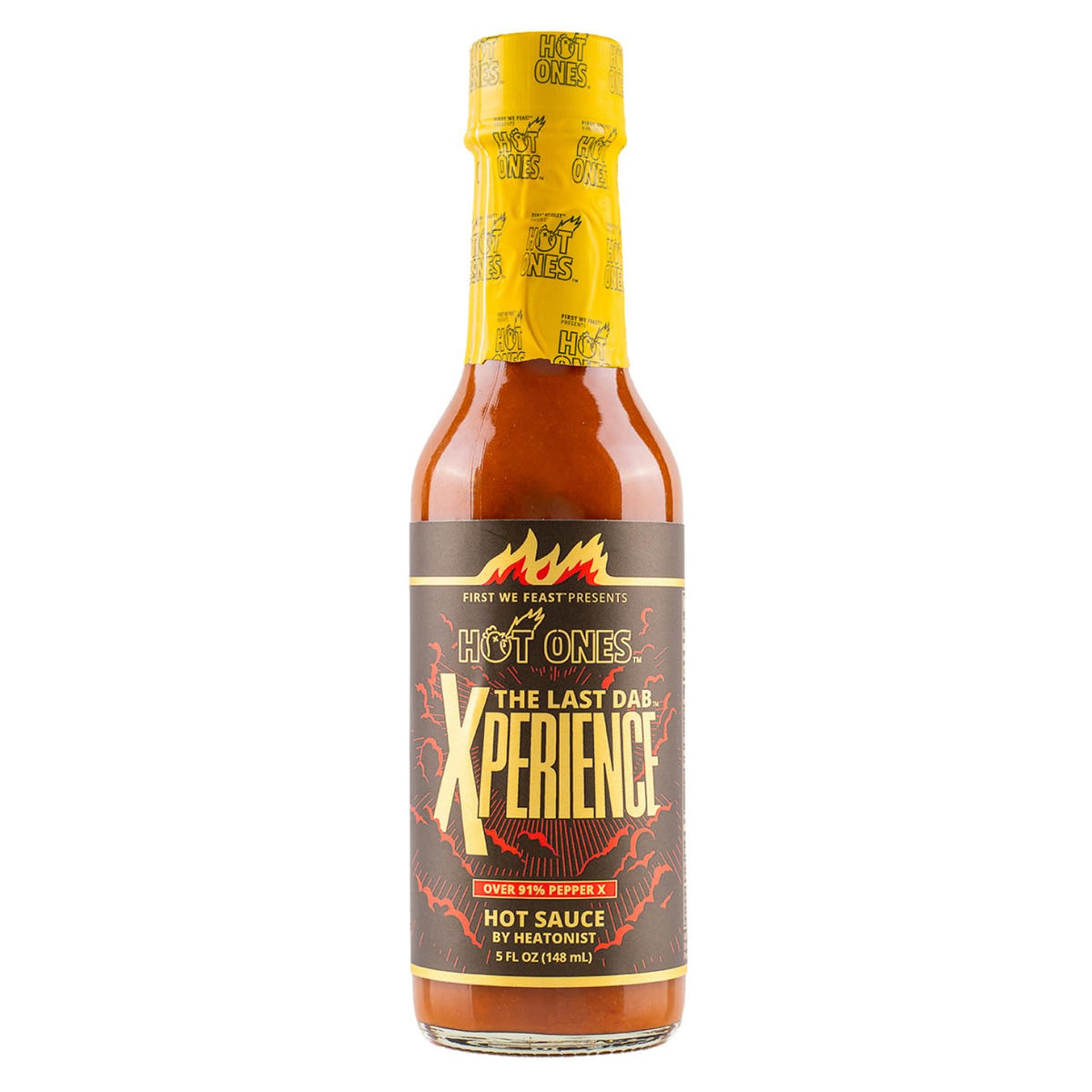 Hot Ones Last Dab Xperience bottle pour highlights intense flavor potential.