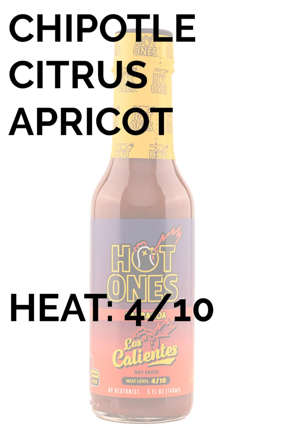 Hot Ones Los Calientes label close-up emphasizing all-natural ingredients and pepper variety
