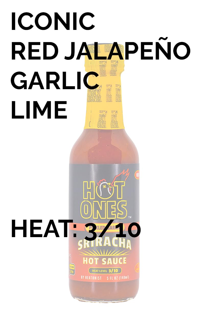 Hot Ones Pickled Garlic Sriracha close-up shows peppers and spices for rich flavor.