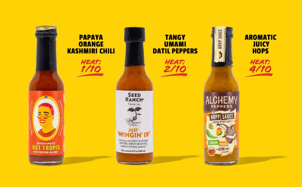 HOT ONES Tropical Amarillo bottle close-up highlighting tropical fruit flavor.