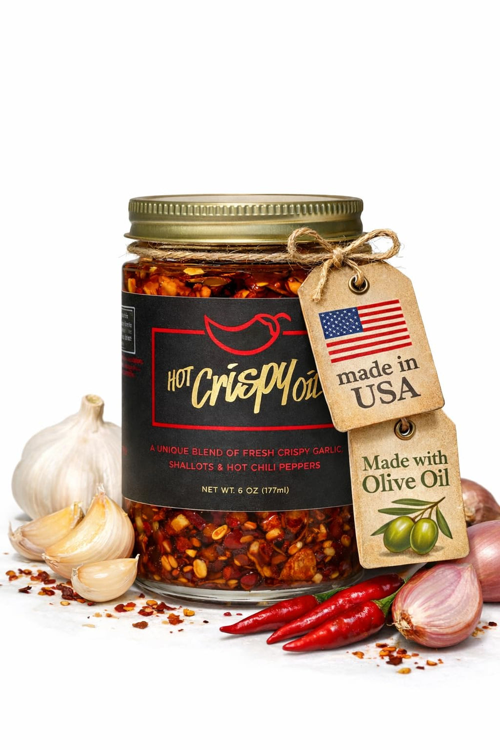 Hot Crispy Oil bottle with fresh garlic and shallots for rich flavor enhancement