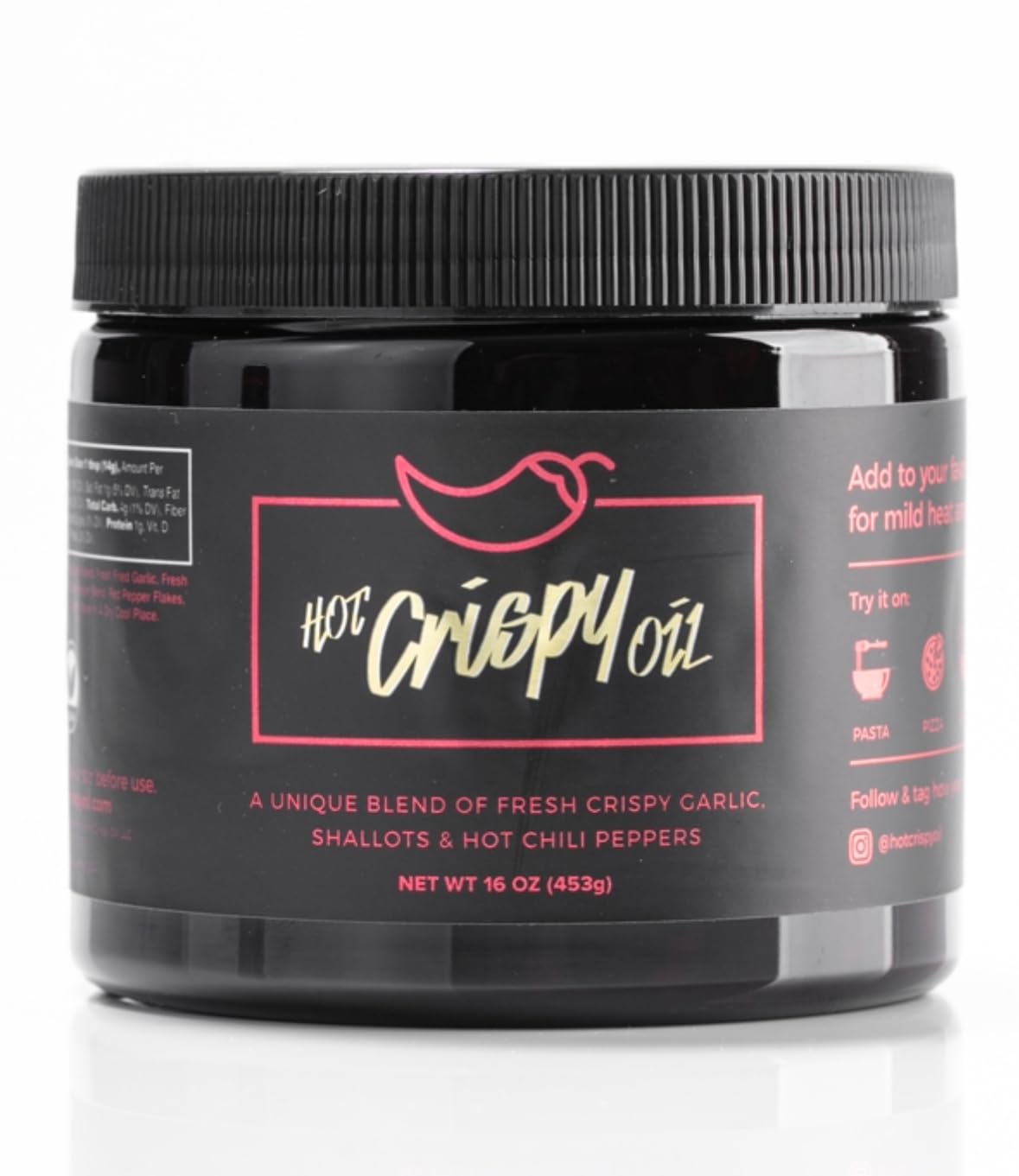 Hot Crispy Oil Hot Tub bottle close-up showcasing crispy garlic and peppers for bold flavor.