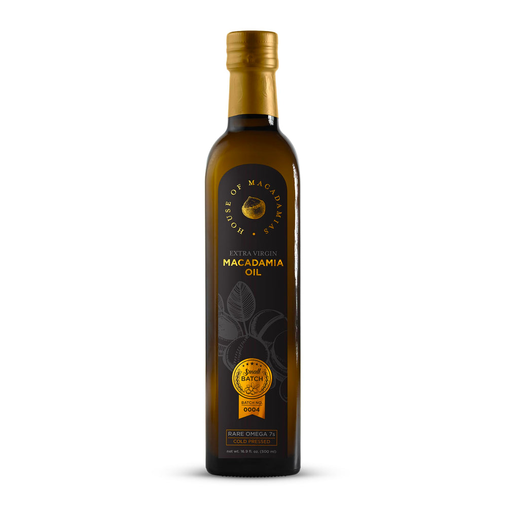House of Macadamias macadamia oil bottle with golden color for high-heat cooking