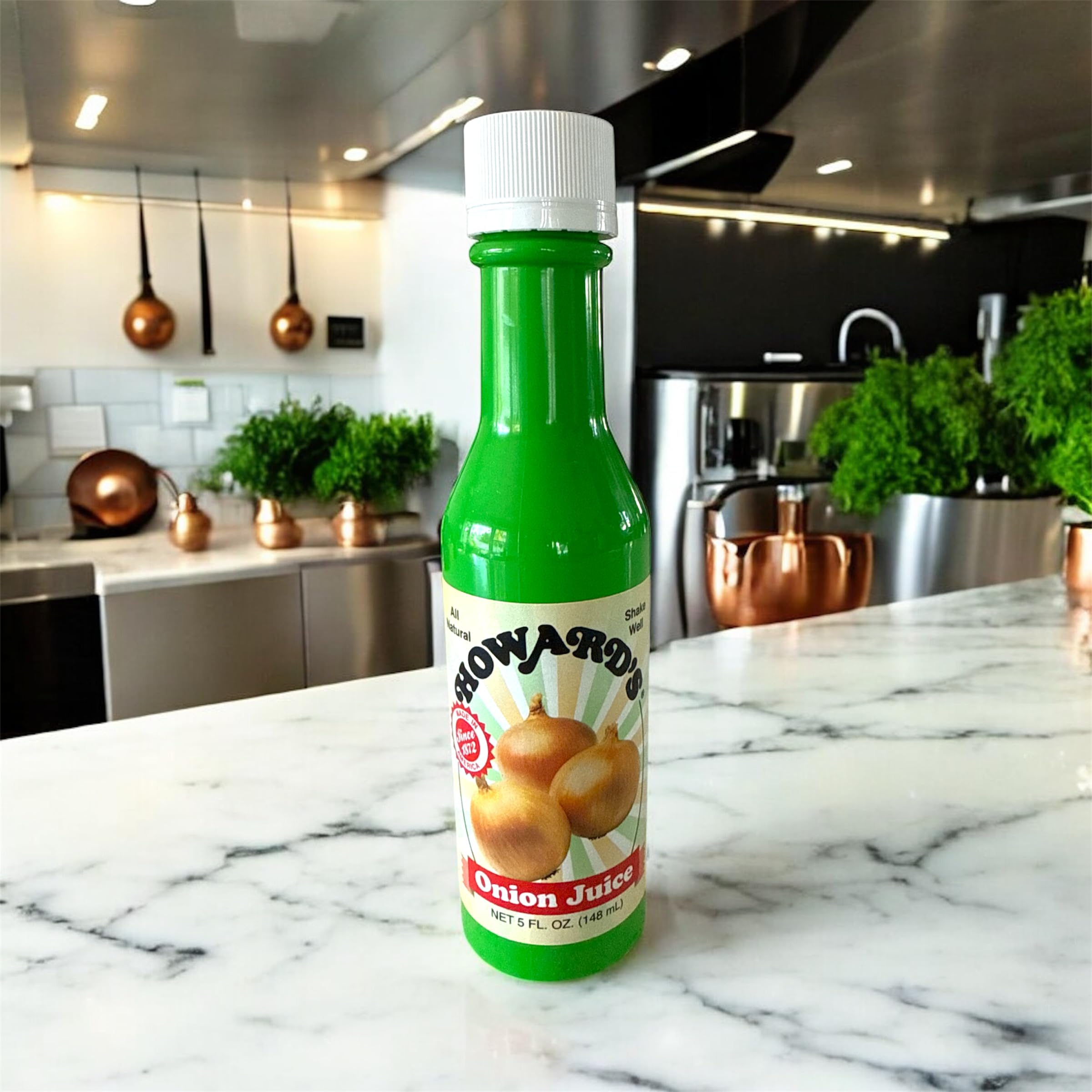 Howard's Onion Juice kitchen-scene captures convenient seasoning for soups, roasts, and stir-fries