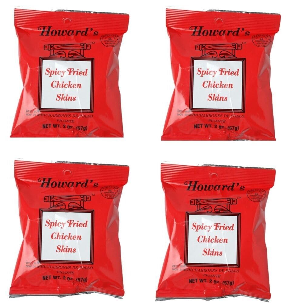 Howard's Spicy Crispy Chicken Skins four-pack, perfect for on-the-go snacking.