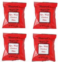 Howard's Spicy Crispy Chicken Skins four-pack, perfect for on-the-go snacking.