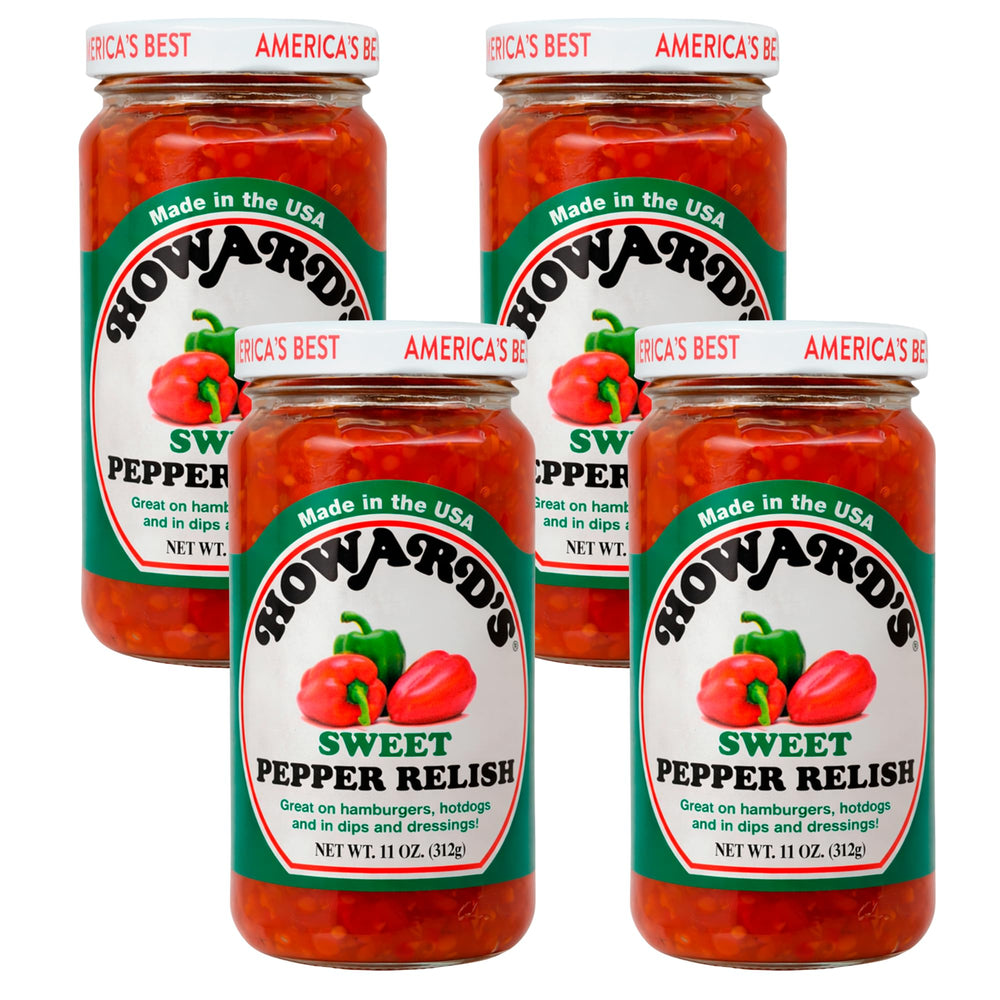 Howard's Sweet Pepper Relish bottle front view; gluten-free and versatile.