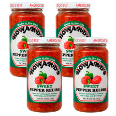 Howard's Sweet Pepper Relish bottle front view; gluten-free and versatile.