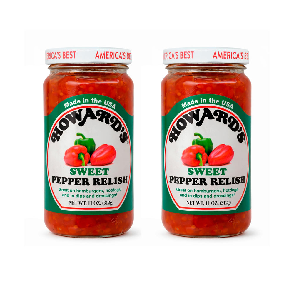 Howard's Sweet Pepper Relish two-pack jar front view for pantry use