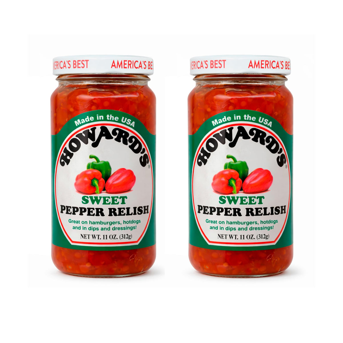 Howard's Sweet Pepper Relish two-pack jar front view for pantry use