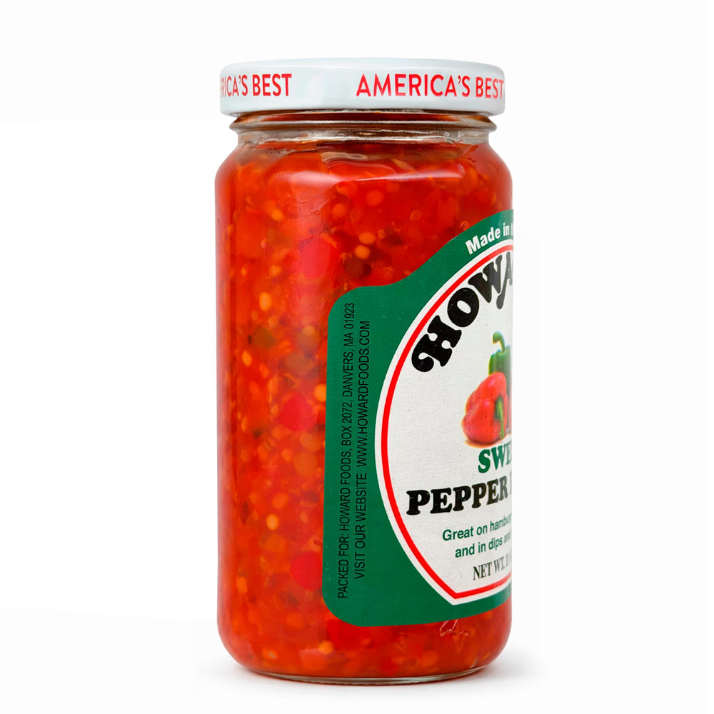 Howard's Sweet Pepper Relish peppers close-up; highlights fresh, locally sourced ingredients.
