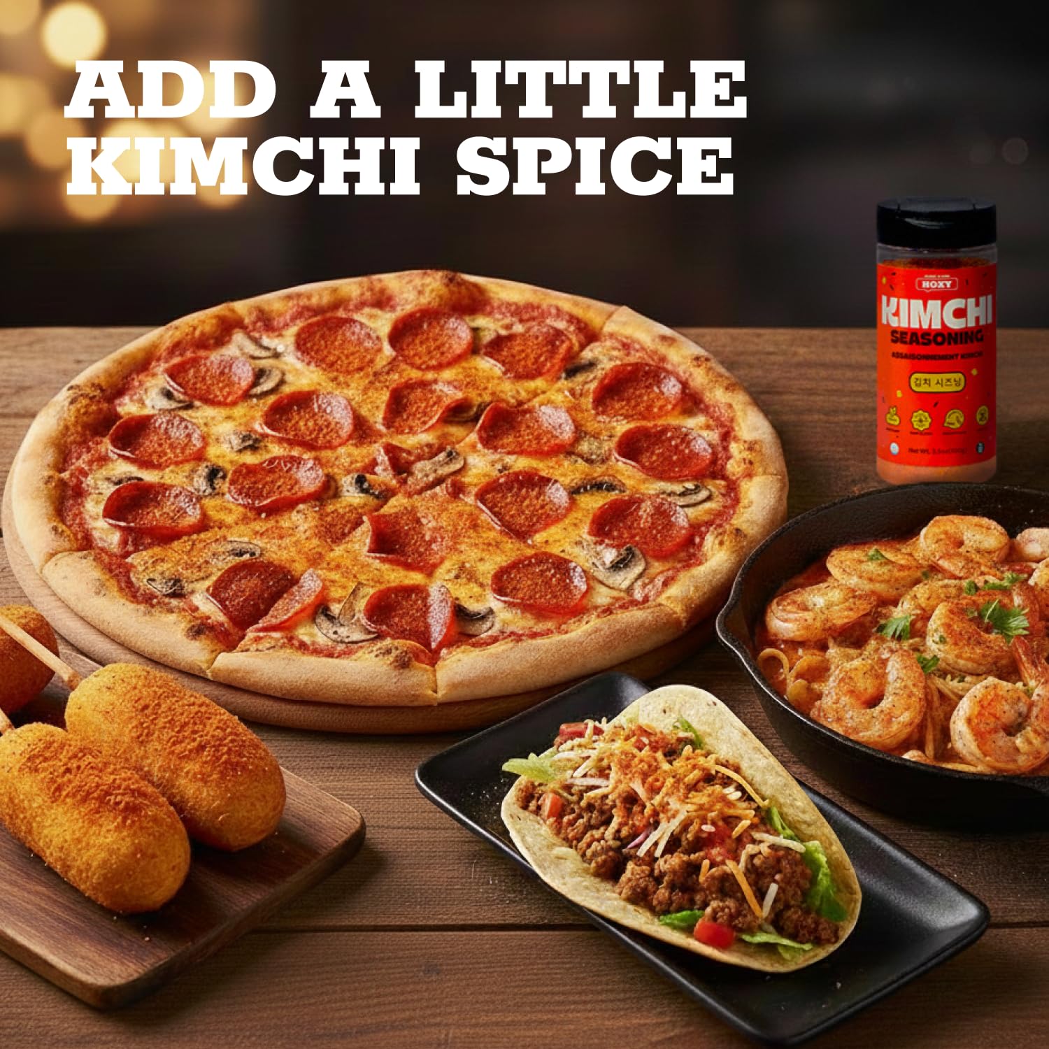 HOXY Kimchi seasoning on pizza for quick flavor boost