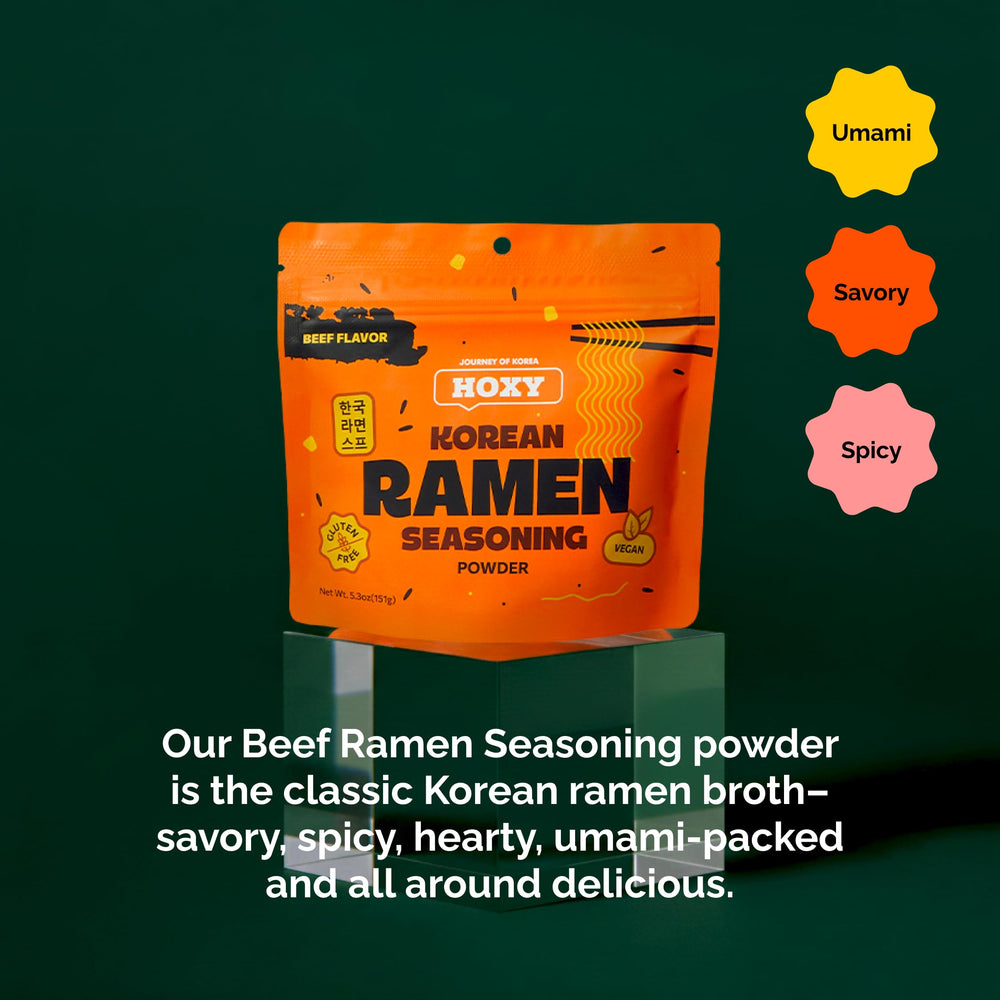 A bowl of Korean beef ramen broth prepared with HOXY seasoning.