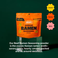 A bowl of Korean beef ramen broth prepared with HOXY seasoning.
