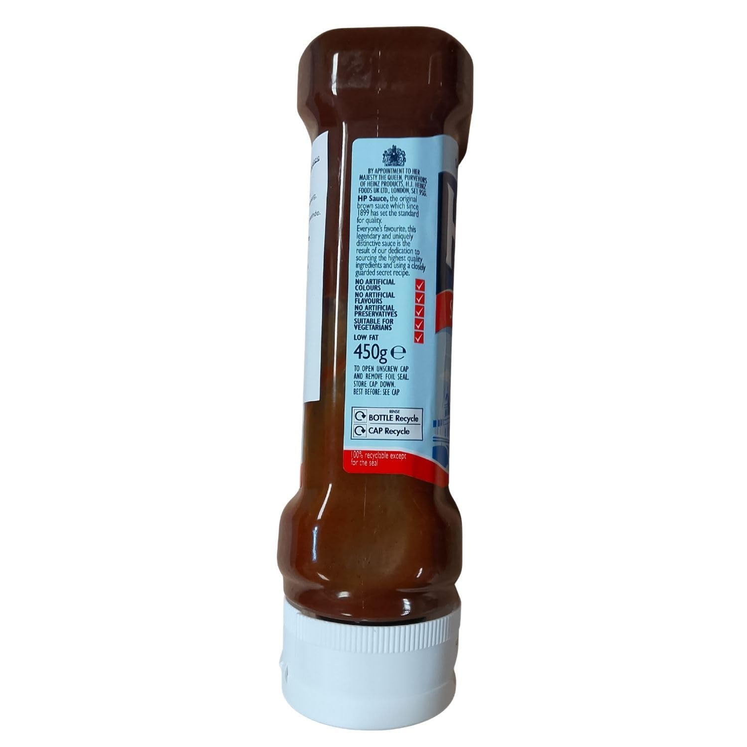 HP Topdown Sauce 450g label closeup highlights authentic recipe heritage