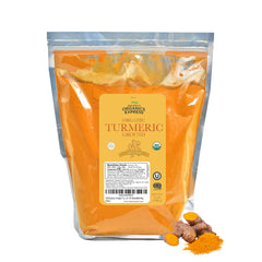 HQOExpress bulk organic turmeric powder in a 5 lb bag for pantry use