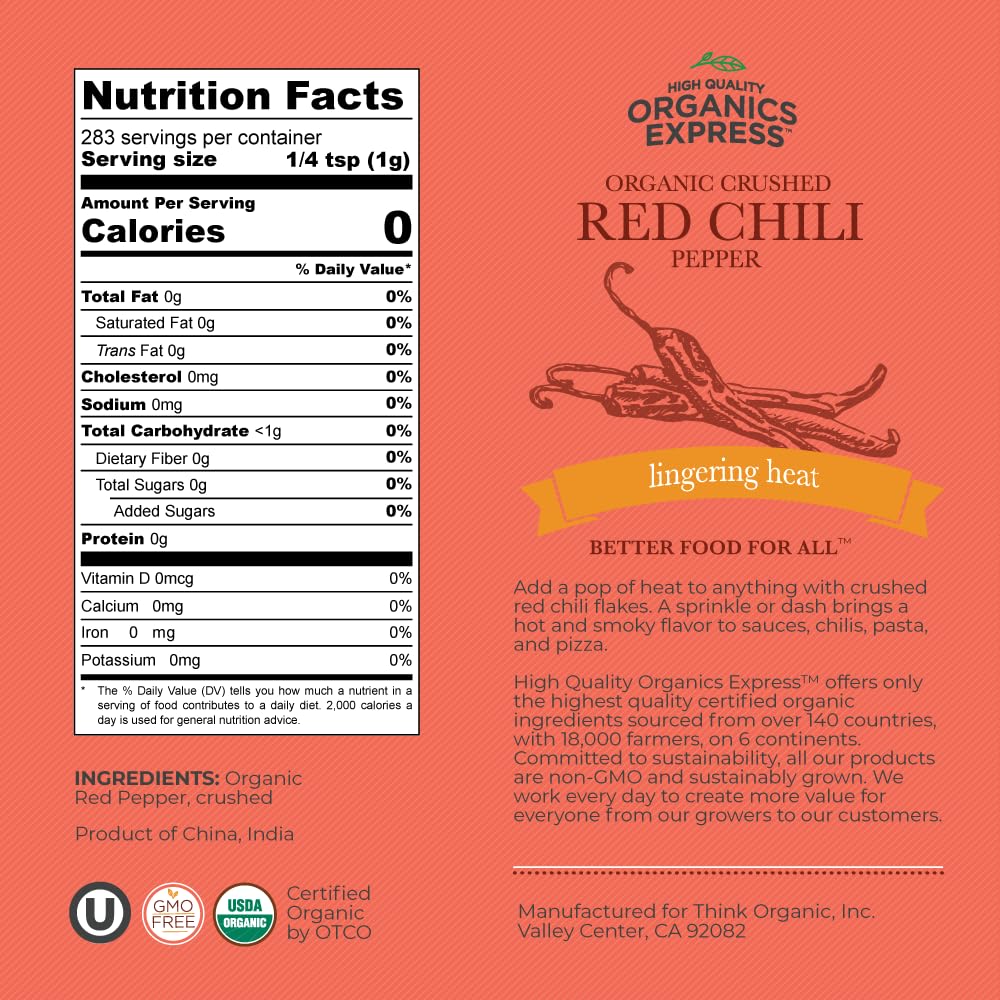 HQOExpress crushed chili flakes close-up shows bright red color and texture.