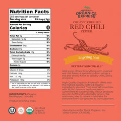 HQOExpress crushed chili flakes close-up shows bright red color and texture.