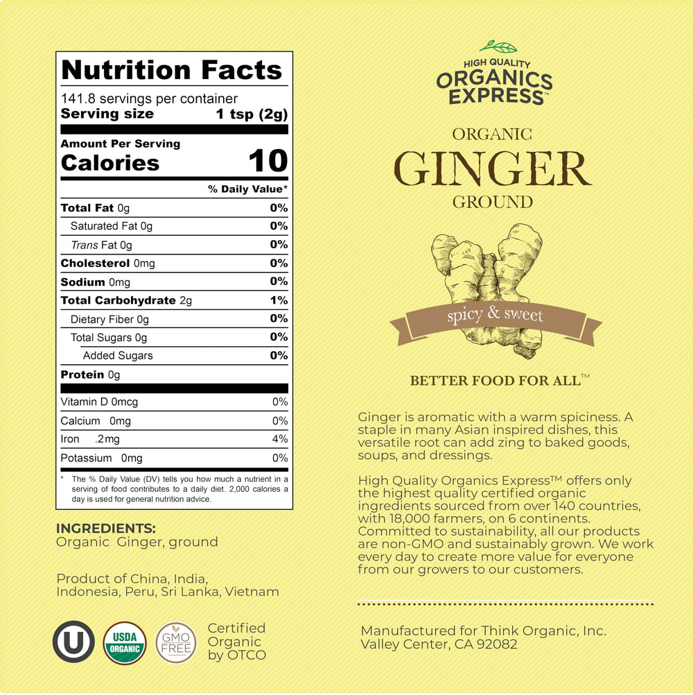 HQOExpress Ginger Powder Pour Closeup shows ready-to-use powder for marinades and smoothies.
