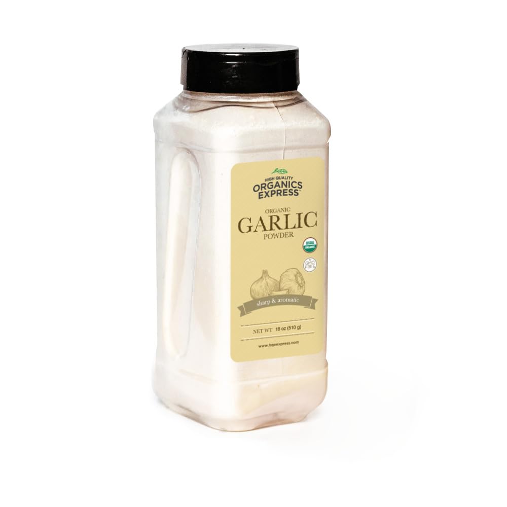 HQOExpress Organic Garlic Powder 18oz bottle ready for kitchen use and flavor enhancement