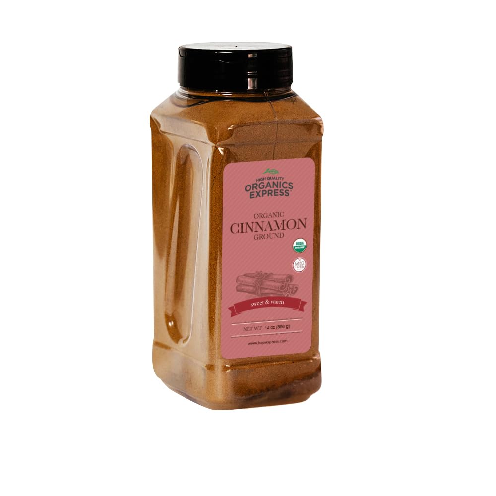 HQOExpress Organic Ground Cinnamon Powder jar front, rich aroma for baking.