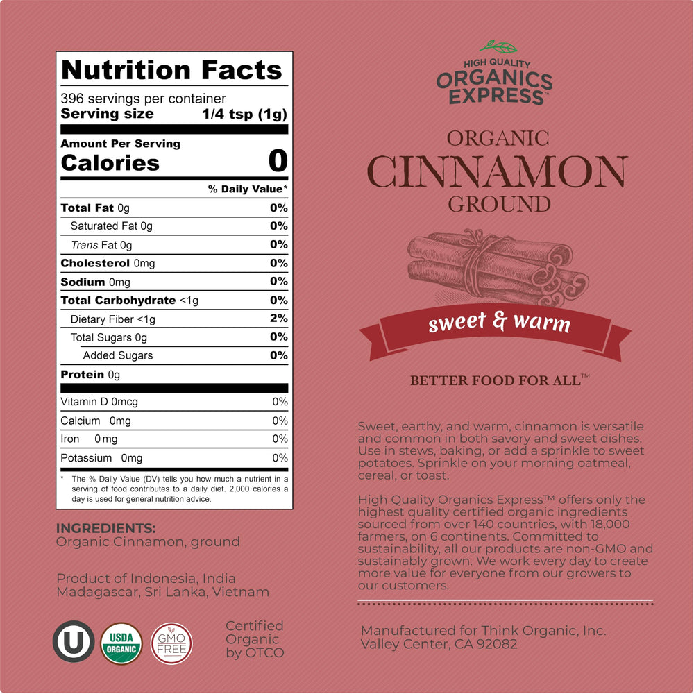 HQOExpress cinnamon powder top view showing organic certification and clean farming.