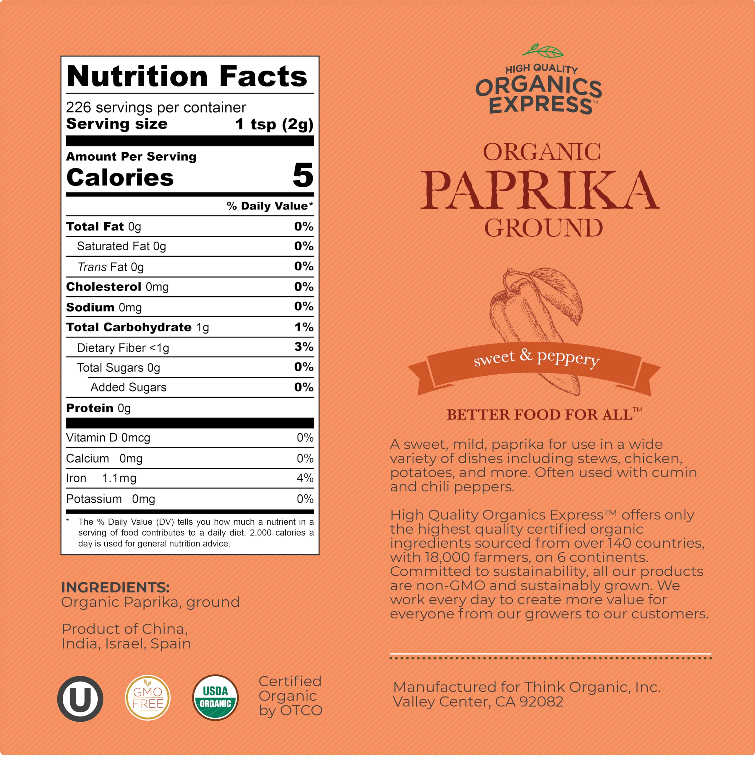 HQOExpress Organic Paprika jar label highlights USDA Organic and kosher status.