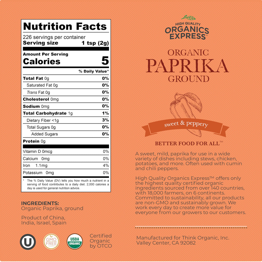 HQOExpress Organic Paprika jar label highlights USDA Organic and kosher status.
