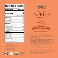 HQOExpress Organic Paprika jar label highlights USDA Organic and kosher status.
