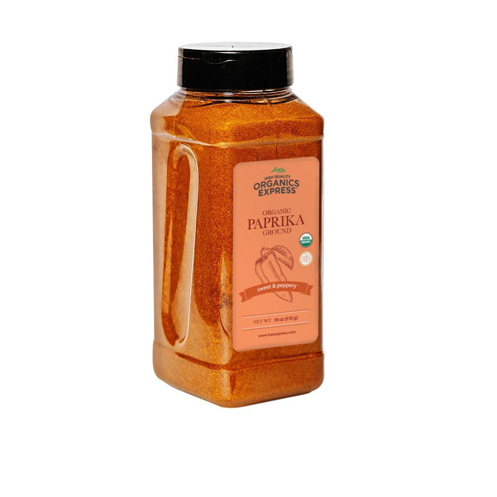 HQOExpress Organic Paprika powder jar shows vibrant spice for soups and stews.