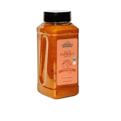 HQOExpress Organic Paprika powder jar shows vibrant spice for soups and stews.