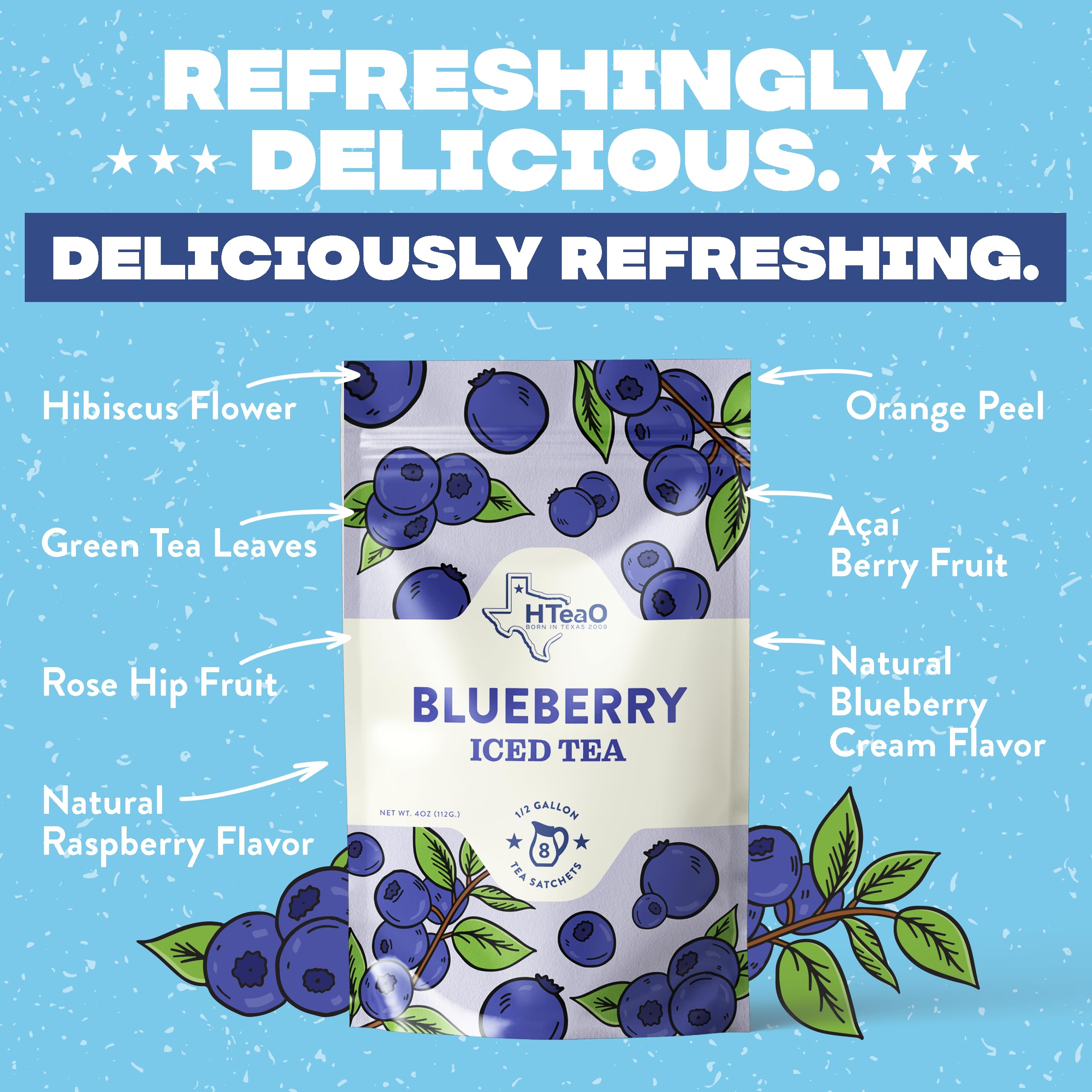 Glass of iced tea poured from HTEAO Blueberry Green Tea Packets