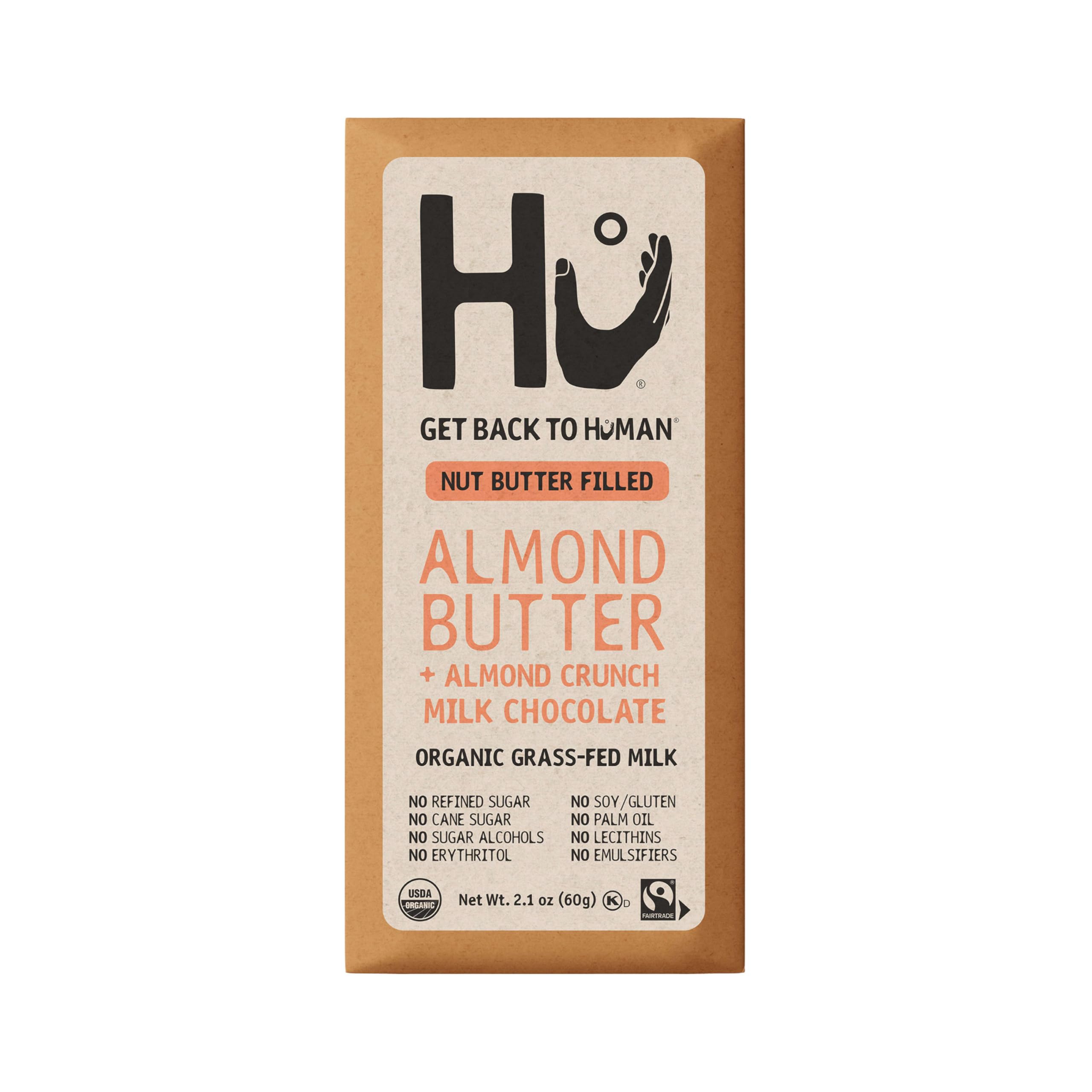 Hu Bar almond butter almond crunch mc close-up highlights a crunchy, satisfying on-the-go snack.