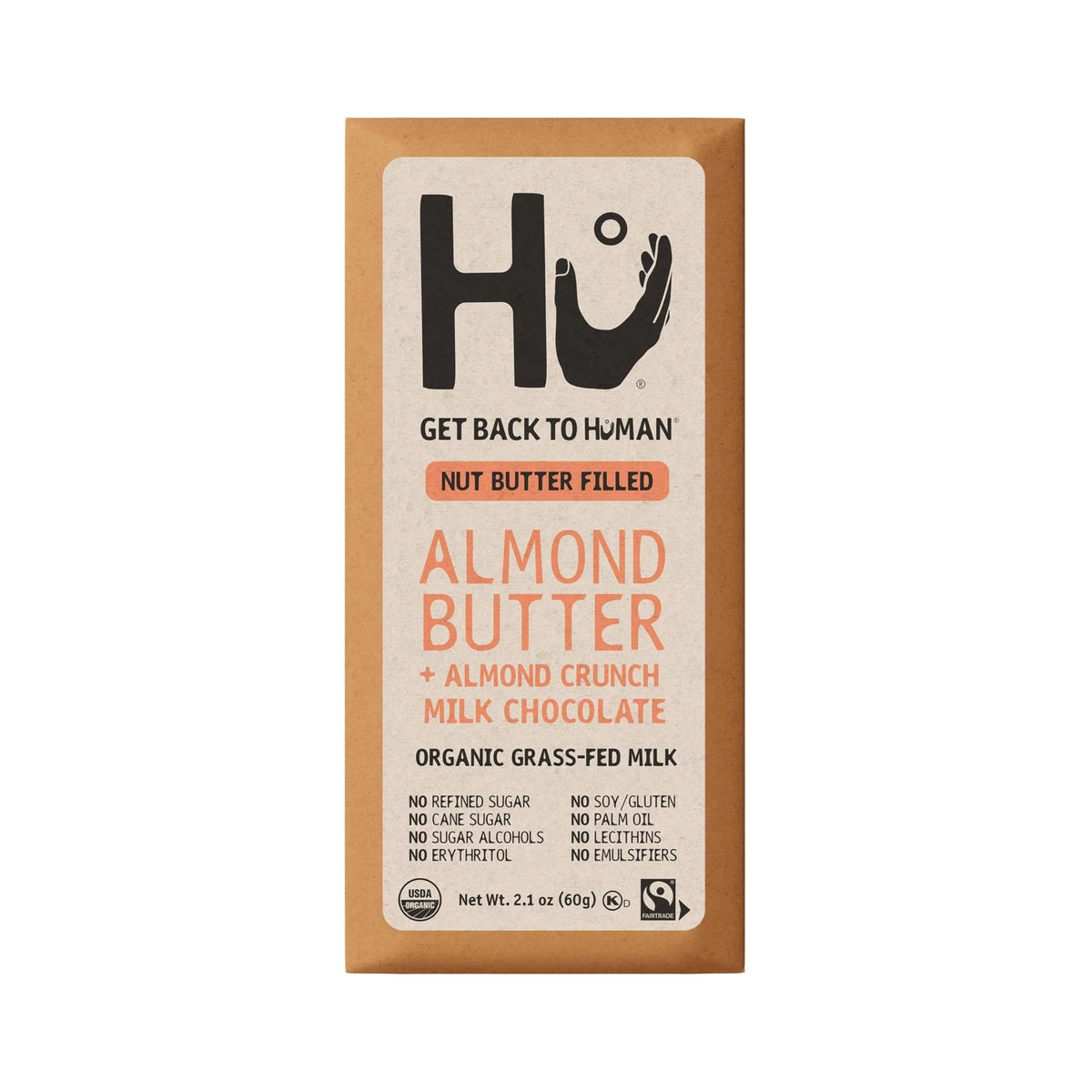 Hu Bar almond butter almond crunch mc close-up highlights a crunchy, satisfying on-the-go snack.